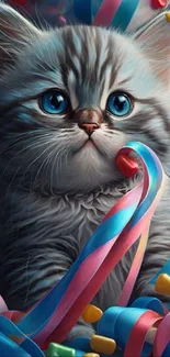 Adorable kitten with blue eyes and colorful ribbons in a vibrant mobile wallpaper.