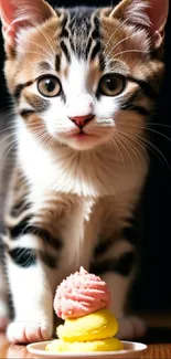 Adorable tabby kitten eyes a yellow and pink treat on a wooden surface.