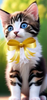 Blue-eyed kitten with a yellow bow sitting amidst colorful flowers.