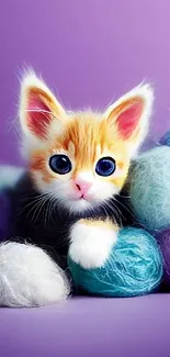 Cute orange kitten with yarn balls on purple background.