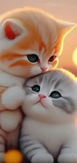 Adorable kittens snuggling at sunset, radiating warmth and affection.