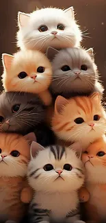 Stack of adorable kittens with warm lighting on mobile wallpaper.