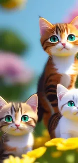 Adorable kittens with vibrant floral background, perfect for cat lovers.