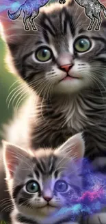 Two adorable kittens on a galaxy-patterned background.