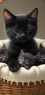 Black cat and kittens in a cozy basket, exuding warmth and cuteness.