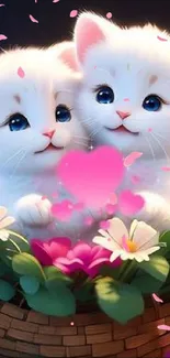 Two cute kittens in a flower-filled basket wallpaper.