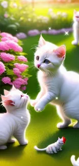 White kittens play in a vibrant garden with pink flowers and lush green grass.