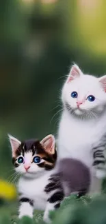 Two adorable kittens in lush greenery, perfect mobile wallpaper.