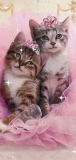 Two kittens with tiaras in pink tulle, perfect for a cute mobile wallpaper.