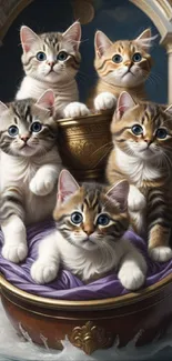 Five adorable kittens in a royal setting with plush decor, perfect for cat lovers.