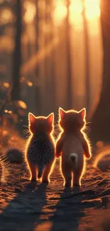 Two kittens walking in a sunlit forest trail during sunrise.
