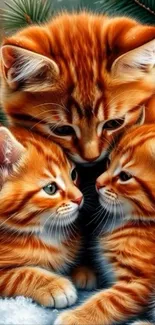 Three adorable orange kittens snuggle in a snowy setting.