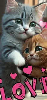 Adorable kittens with love theme on mobile wallpaper.