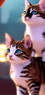 Two adorable kittens with blue eyes sitting together in front of urban lights.