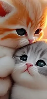 Adorable kittens cuddling together in a warm setting.