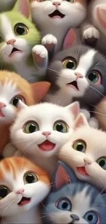 A wallpaper of multiple cute and colorful kittens looking up.