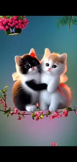 Two adorable kittens cuddling on a blossoming branch.