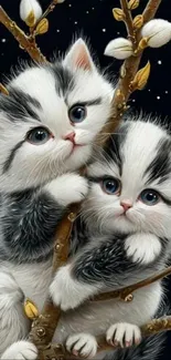 Two fluffy kittens on a starry branch