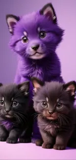 Three adorable kittens with a purple backdrop, perfect for mobile wallpaper.