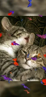 Two playful kittens surrounded by vibrant butterflies.