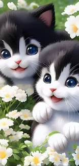 Cute fluffy kittens play among white flowers.