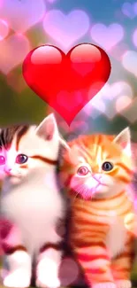 Cute kittens with red heart mobile wallpaper.