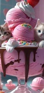 Kittens playing in a pink ice cream bowl with chocolate drips.