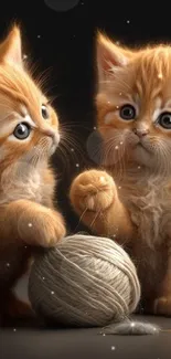 Adorable kittens playing with a yarn ball on a dark background.