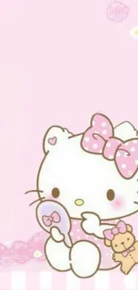 Adorable kitty with bow and teddy on pink wallpaper.