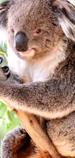 Adorable koala clinging to a tree branch in a natural setting.