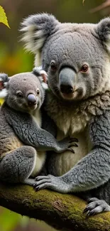 Two koalas on a tree branch with green leaves.