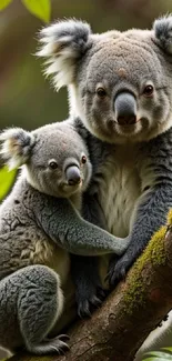 A koala mother and joey hugging on a tree branch surrounded by green leaves.