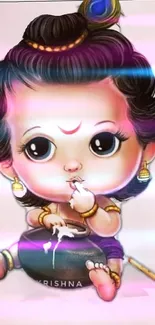 Cute depiction of Baby Krishna holding a pot, in a colorful digital art style.