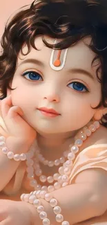 Adorable baby Krishna with pearls on a serene mobile wallpaper design.