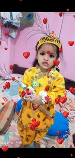 Cute child dressed as Krishna with hearts background.