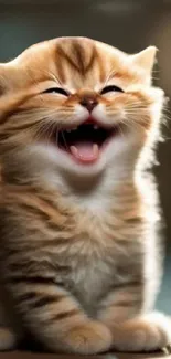 Adorable laughing kitten with golden fur on a mobile wallpaper.