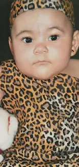 Cute baby in leopard print outfit with teddy bear.