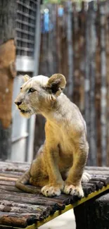 Lion cub sitting on a wooden platform in a zoo enclosure.