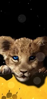 Adorable lion cub with blue eyes on a minimalist background.