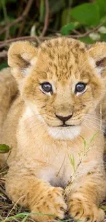 Cute lion cub resting on grass in natural habitat.