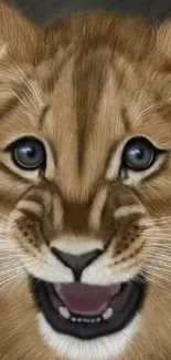 Adorable lion cub with a cute expression on a digital wallpaper background.