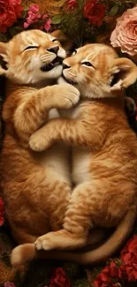 Two sleeping lion cubs among roses.