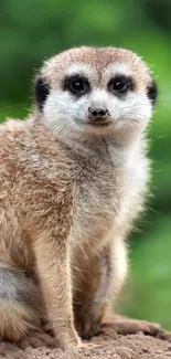 Adorable meerkat sitting on a rock with green foliage background.