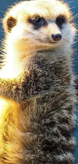 Sunlit meerkat with golden fur background.