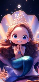 Cute cartoon mermaid sitting on a seashell throne.