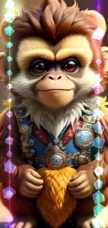 Fantasy monkey with intricate outfit holding fur on brown background.