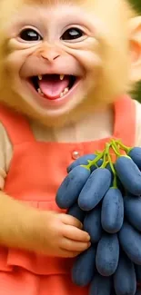 Cute monkey holding grapes, smiling.