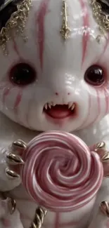Cute white monster toy with pink lollipop.