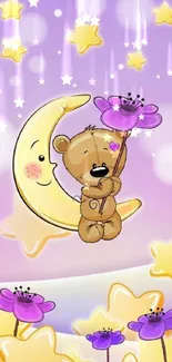 Adorable bear hugging a flower on a moon with stars.