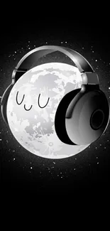 Cute moon with headphones on a dark wallpaper background.